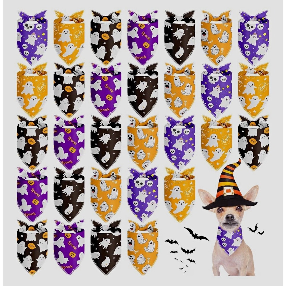 30 Halloween Print Dog Bandanas Pet Scarf Set 26x18 in Reversible Ghost Skull